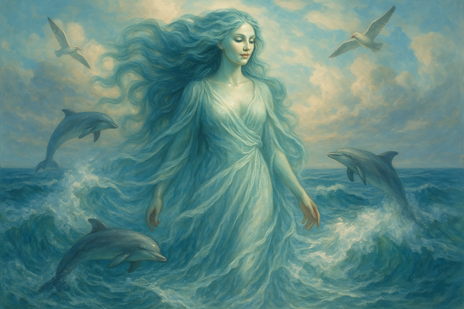 Mother nature, as a woman amongst the ocean, returning to herself and nature as one